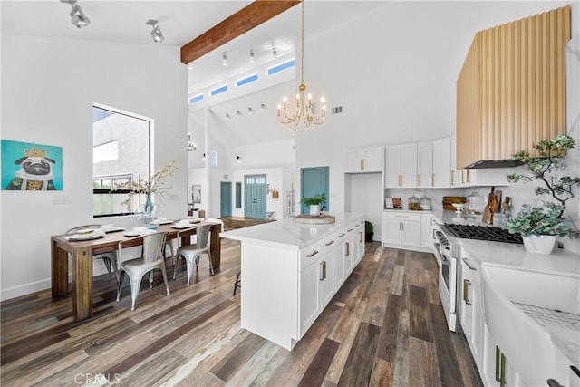 791 Cypress Rd, Cedar Glen, CA 92321 - kitchen with high vaulted ceiling, a chandelier, gas stove, dark wood-style floors, and decorative light fixtures