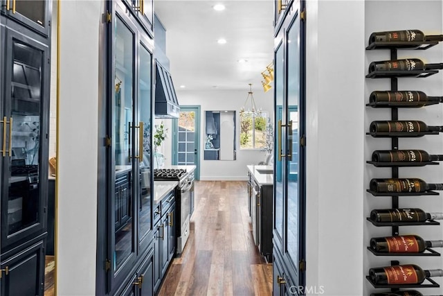 791 Cypress Rd, Lake Arrowhead, CA 92321 - wine room with dark wood-style floors, recessed lighting, and baseboards