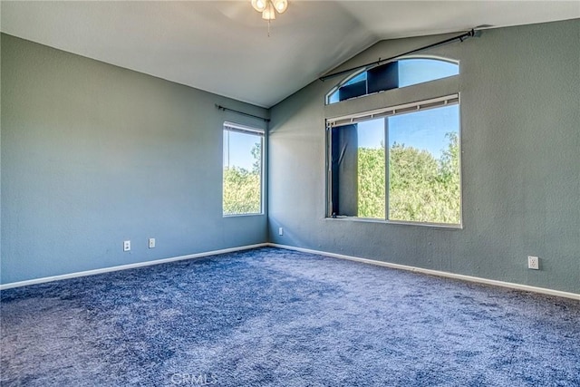 carpeted spare room with healthy amount of natural light, lofted ceiling, baseboards, a ceiling fan, and a textured wall