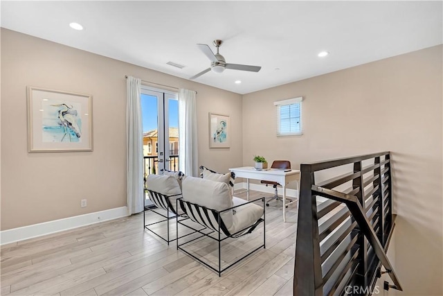 dining area with ceiling fan, baseboards, light wood finished floors, recessed lighting, and an office area