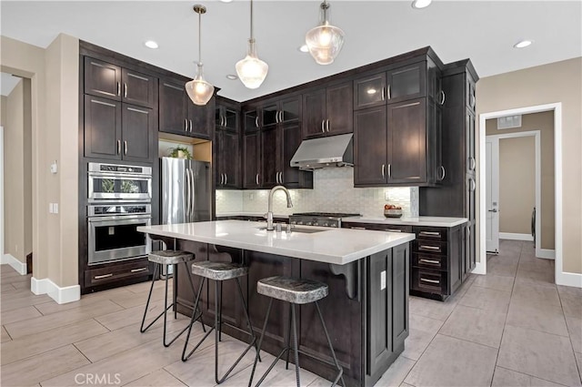 kitchen featuring under cabinet range hood, a sink, stainless steel appliances, tasteful backsplash, and baseboards