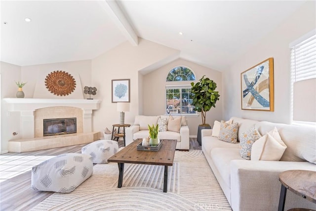 living area with wood finished floors and a fireplace