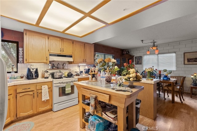 32923 Tindall Ave, Acton, CA 93510 - kitchen with white range with gas stovetop, under cabinet range hood, light wood-style floors, and tile counters