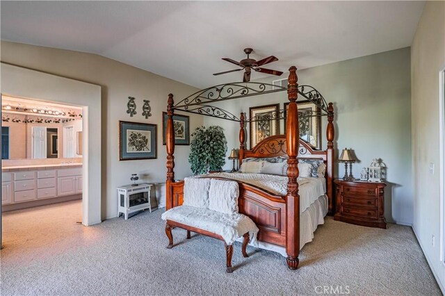 15108 Lighthouse Ln, Lake Elsinore, CA 92530 - bedroom featuring light colored carpet, lofted ceiling, connected bathroom, and a ceiling fan