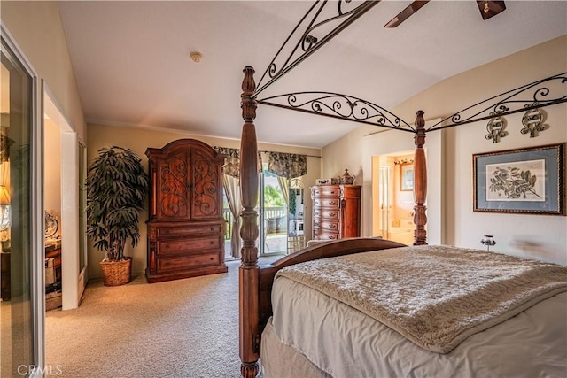15108 Lighthouse Ln, Lake Elsinore, CA 92530 - carpeted bedroom with lofted ceiling, ensuite bathroom, and a ceiling fan