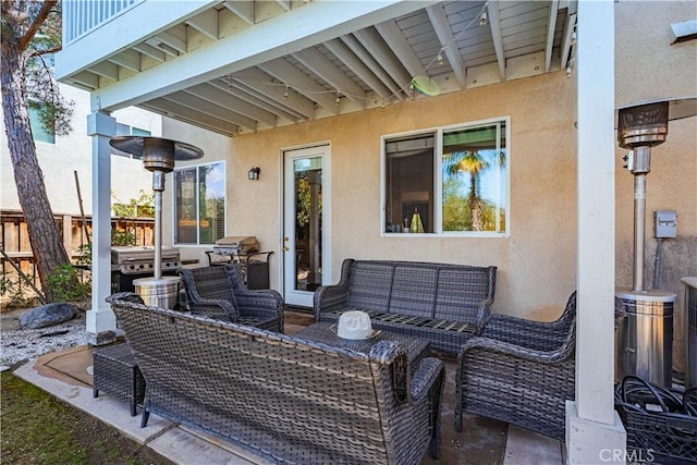 15108 Lighthouse Ln, Lake Elsinore, CA 92530 - view of patio with an outdoor living space, a balcony, and fence