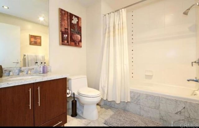 bathroom with toilet, vanity, tiled shower / bath combo, tile patterned flooring, and recessed lighting