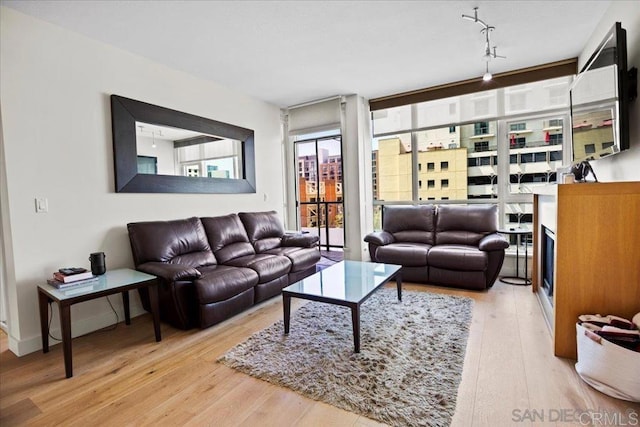 living room featuring wood finished floors, track lighting, and a wall of windows