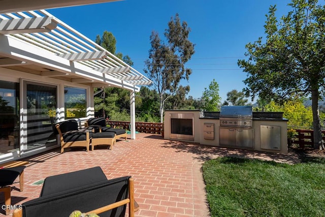 view of patio / terrace with area for grilling, a pergola, a grill, outdoor lounge area, and fence
