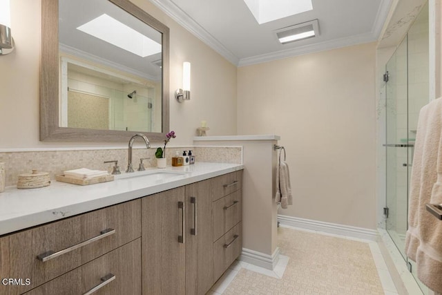 full bathroom with a shower stall, ornamental molding, vanity, tile patterned floors, and tasteful backsplash