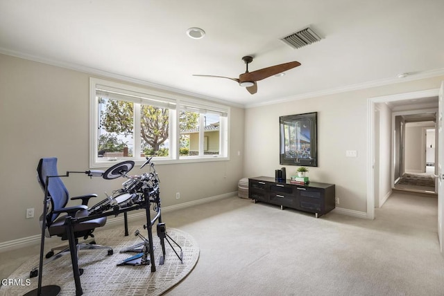 5109 Redwillow Ln, La Canada Flintridge, CA 91011 - office space with ornamental molding, light carpet, and ceiling fan