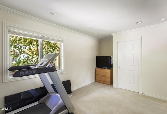 5109 Redwillow Ln, La Canada Flintridge, CA 91011 - workout room featuring light colored carpet, ornamental molding, and recessed lighting
