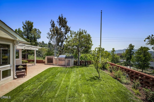 5109 Redwillow Ln, La Canada Flintridge, CA 91011 - fenced backyard featuring an outdoor kitchen, a pergola, a patio, and a mountain view