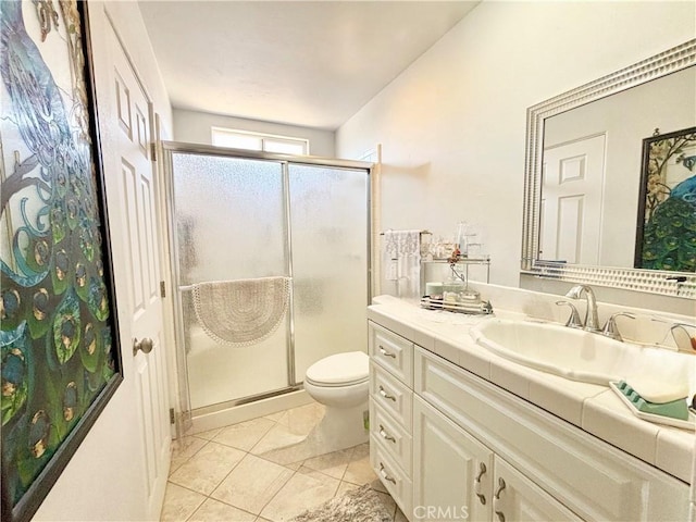 7442 Camarilla Ave, Yucca Valley, CA 92284 - bathroom with a stall shower, toilet, vanity, and tile patterned floors