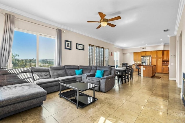 living area featuring crown molding, a ceiling fan, light tile patterned flooring, recessed lighting, and baseboards