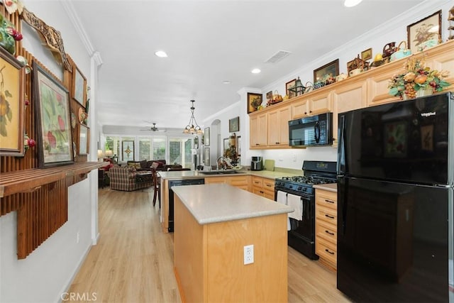 24247 Songsparrow Ln, Corona, CA 92883 - kitchen featuring black appliances, light brown cabinetry, ornamental molding, a sink, and a peninsula