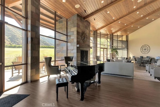 24247 Songsparrow Ln, Corona, CA 92883 - sitting room featuring a high ceiling, wooden ceiling, a wall of windows, wood finished floors, and plenty of natural light