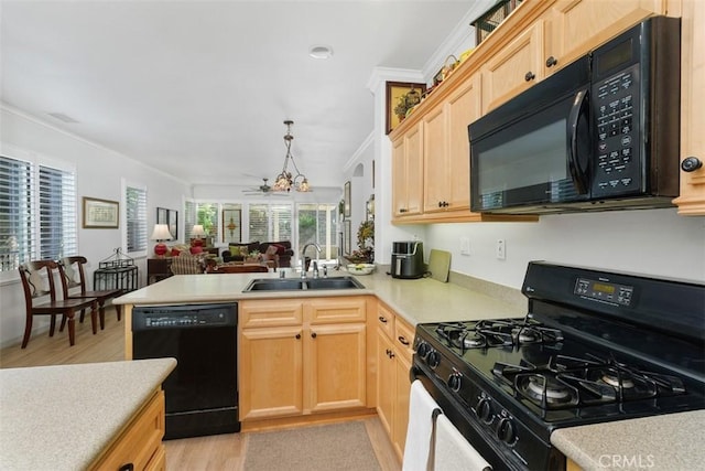 24247 Songsparrow Ln, Corona, CA 92883 - kitchen with black appliances, a sink, light brown cabinets, light wood-style floors, and ornamental molding