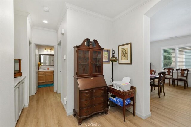 24247 Songsparrow Ln, Corona, CA 92883 - corridor featuring light wood finished floors, crown molding, and baseboards