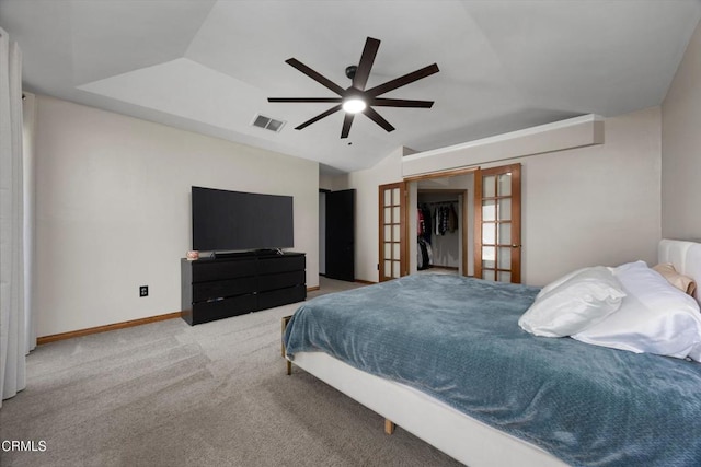 carpeted bedroom featuring french doors, baseboards, lofted ceiling, and a ceiling fan