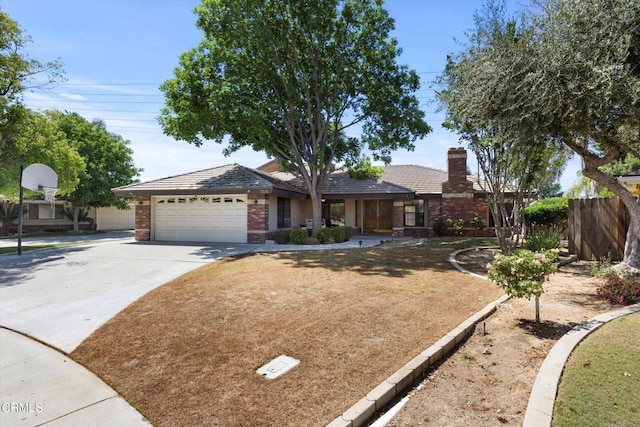 single story home with a garage, concrete driveway, brick siding, and a chimney