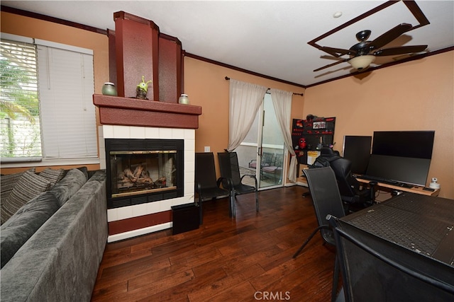 3509 E Berkshire Ct Unit C, Orange, CA 92869 - office area with hardwood / wood-style floors, ceiling fan, a tile fireplace, and crown molding
