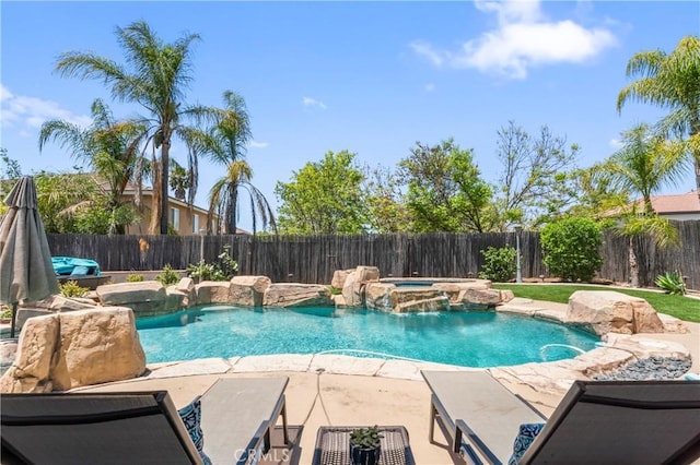 8489 Syracuse St, Riverside, CA 92508 - view of swimming pool featuring a fenced backyard, a patio, and a pool with connected hot tub