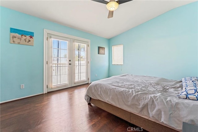bedroom with french doors, access to exterior, vaulted ceiling, ceiling fan, and baseboards