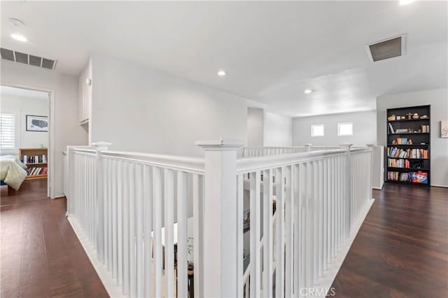 8489 Syracuse St, Riverside, CA 92508 - hall featuring plenty of natural light, an upstairs landing, dark wood-type flooring, and recessed lighting
