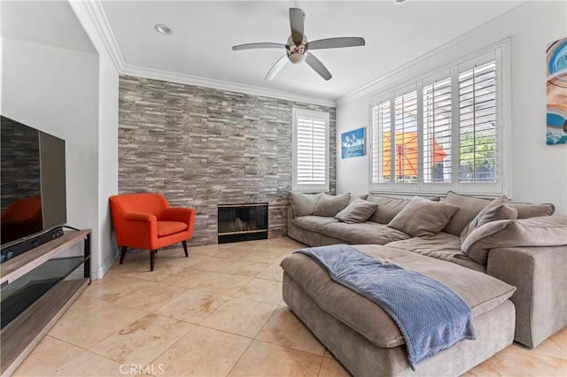 8489 Syracuse St, Riverside, CA 92508 - living area with a tile fireplace, plenty of natural light, ceiling fan, crown molding, and light tile patterned floors