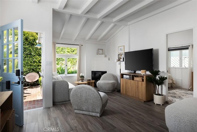 565 Lombardy Ln, Laguna Beach, CA 92651 - living room featuring beam ceiling, wood finished floors, plenty of natural light, and high vaulted ceiling