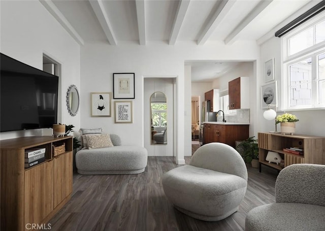 565 Lombardy Ln, Laguna Beach, CA 92651 - living room with beamed ceiling and dark wood finished floors