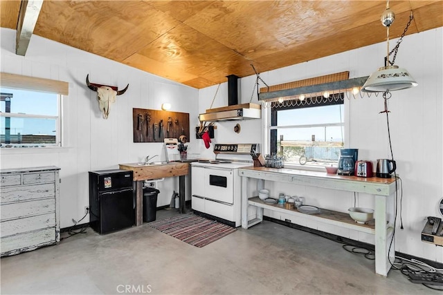 kitchen featuring white electric range oven, wall chimney range hood, open shelves, and finished concrete floors