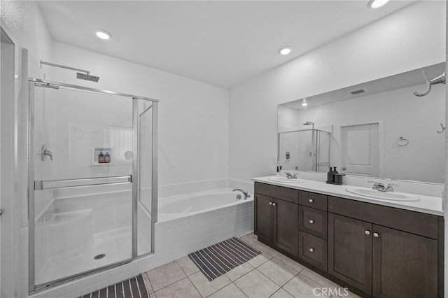 62892 Loftwood St, Desert Hot Springs, CA 92240 - bathroom with a shower stall, a garden tub, double vanity, tile patterned floors, and recessed lighting