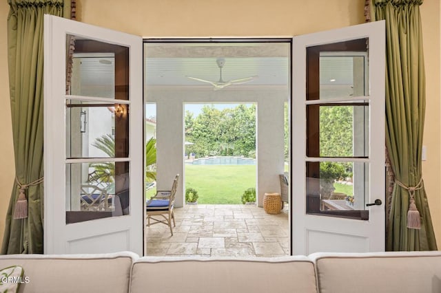 670 San Marino Ave, San Marino, CA 91108 - doorway with stone tile floors and a ceiling fan