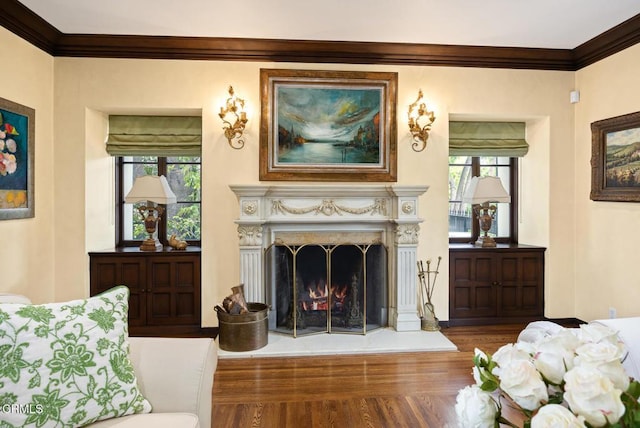 670 San Marino Ave, San Marino, CA 91108 - living room with ornamental molding, a lit fireplace, wood finished floors, and plenty of natural light