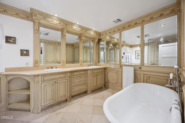 670 San Marino Ave, San Marino, CA 91108 - bathroom featuring a freestanding tub, double vanity, and recessed lighting