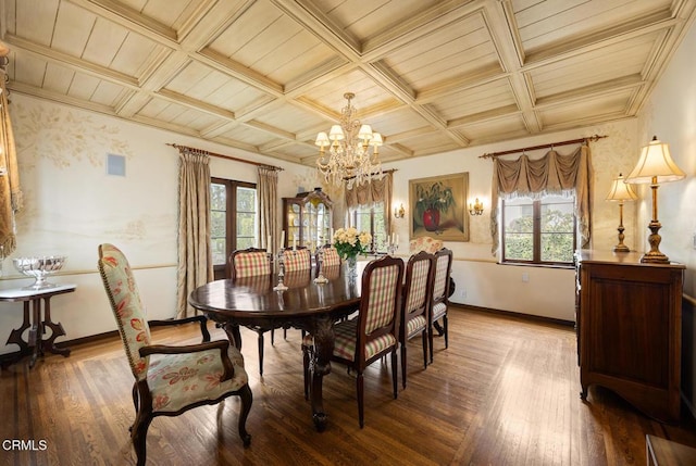 670 San Marino Ave, San Marino, CA 91108 - dining space with a chandelier, wood finished floors, french doors, coffered ceiling, and a wooden ceiling with exposed beams