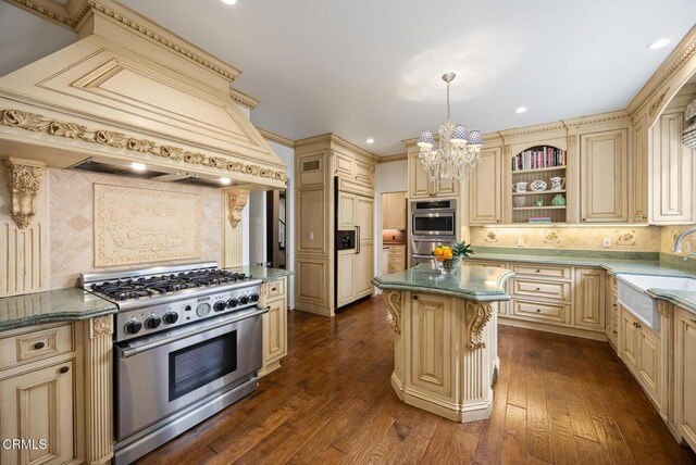 670 San Marino Ave, San Marino, CA 91108 - kitchen featuring cream cabinetry, high end appliances, tasteful backsplash, custom range hood, and recessed lighting