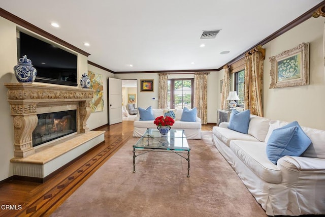 670 San Marino Ave, San Marino, CA 91108 - living room with wood finished floors, crown molding, a high end fireplace, and recessed lighting
