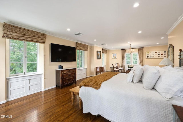 670 San Marino Ave, San Marino, CA 91108 - bedroom featuring dark wood-style flooring, recessed lighting, multiple windows, and crown molding
