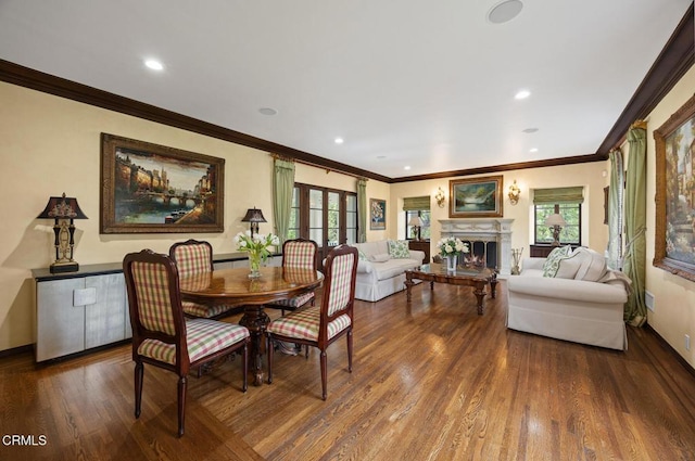 670 San Marino Ave, San Marino, CA 91108 - dining room featuring wood finished floors, a warm lit fireplace, crown molding, and recessed lighting