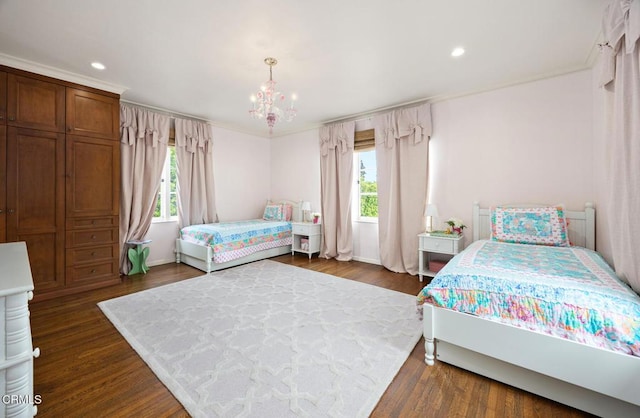 670 San Marino Ave, San Marino, CA 91108 - bedroom with a chandelier, dark wood-style flooring, recessed lighting, and crown molding