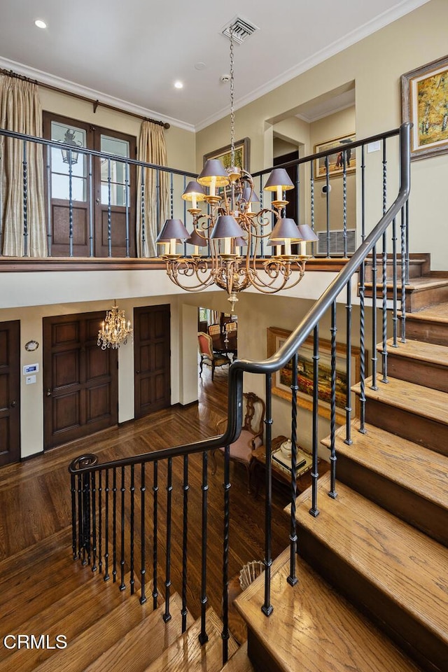 670 San Marino Ave, San Marino, CA 91108 - stairs with a chandelier, wood finished floors, ornamental molding, a high ceiling, and recessed lighting