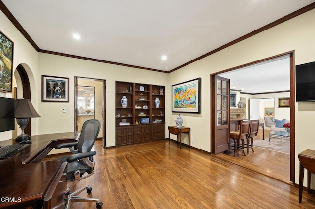 670 San Marino Ave, San Marino, CA 91108 - home office featuring wood finished floors, crown molding, recessed lighting, and built in shelves