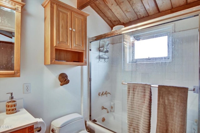 5500 Casitas Pass Rd, Ventura, CA 93001 - full bath featuring toilet, shower / bath combination with glass door, vanity, and wood ceiling