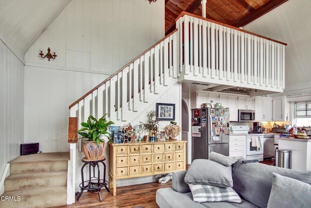 5500 Casitas Pass Rd, Ventura, CA 93001 - living room with dark wood finished floors, stairs, high vaulted ceiling, and wood ceiling