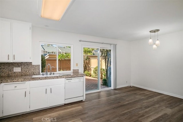 101 Briarwood Unit 3, Irvine, CA 92604 - kitchen featuring dishwasher, dark wood-style floors, white cabinetry, decorative backsplash, and decorative light fixtures