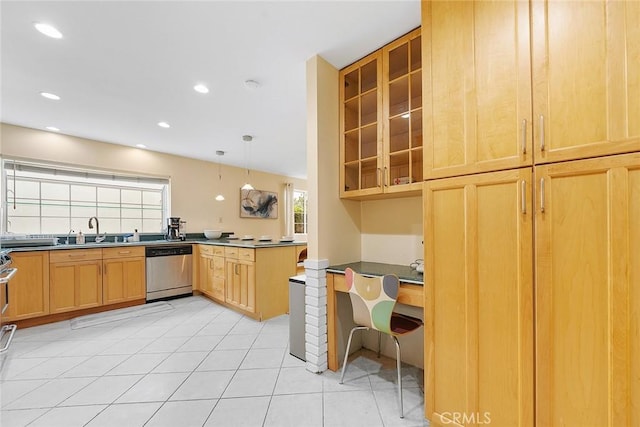 19347 Andrada Dr, Rowland Heights, CA 91748 - kitchen featuring stainless steel dishwasher, a sink, recessed lighting, light tile patterned flooring, and light brown cabinetry