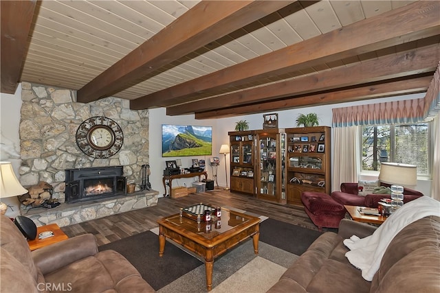 1249 Yellowstone Dr, Lake Arrowhead, CA 92352 - living room with wood finished floors, a fireplace, and beam ceiling